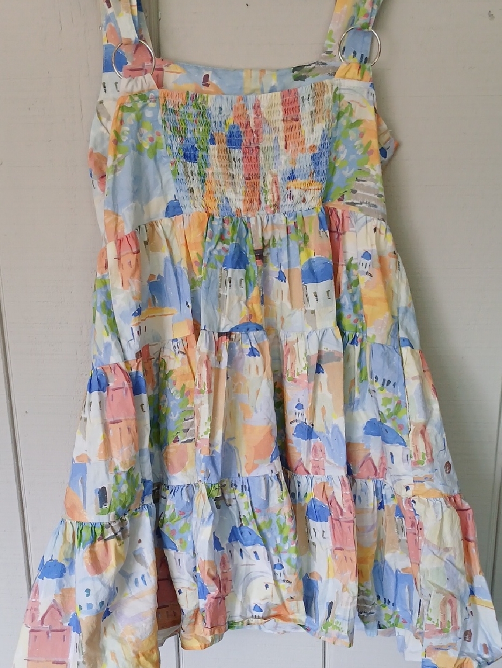Entro Watercolor Village Tiered Mini Babydoll Dress Square Neck Size Small - Picture 10 of 10